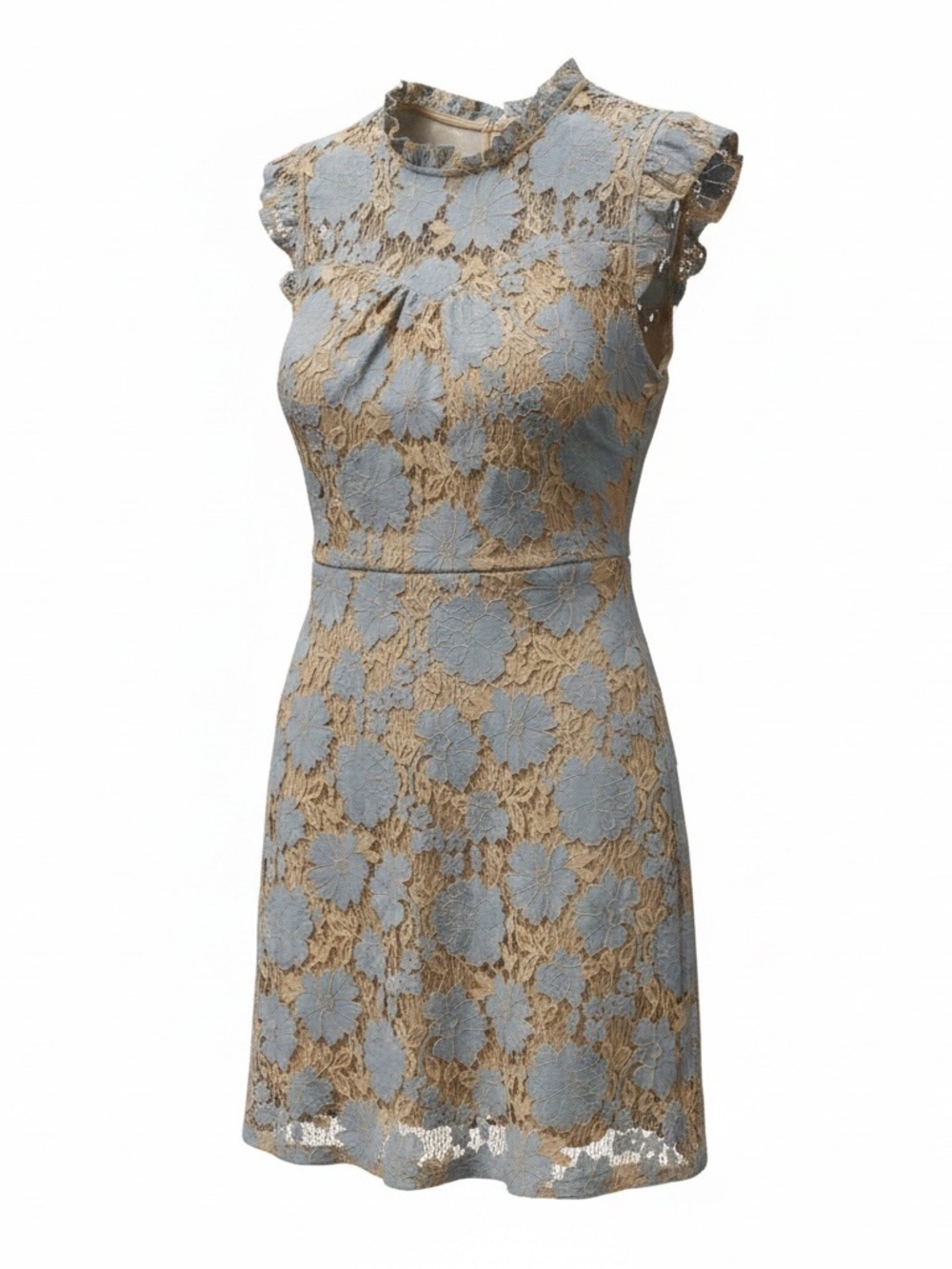 Monteau Blue and Tan Floral Lace Fit-and-Flare Dress